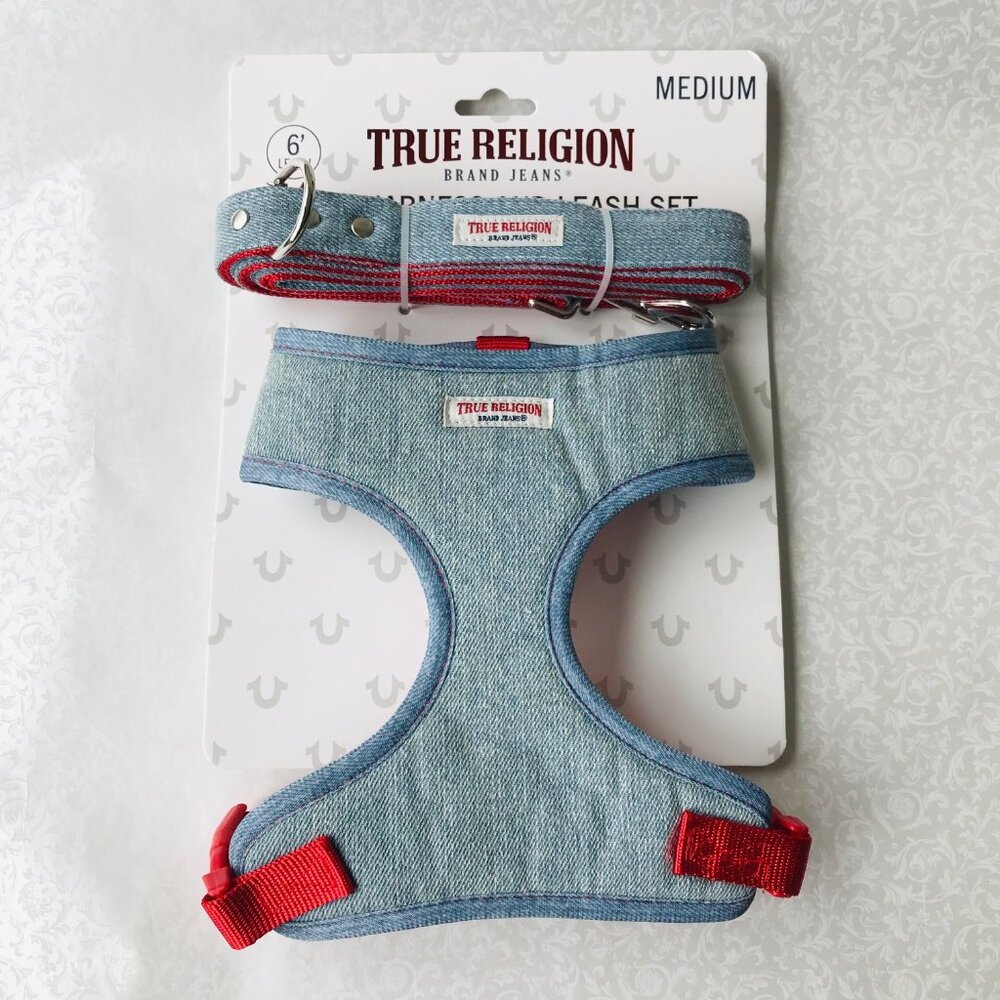 True Religion Pet Harness & Leash Set  Light Blue /Red Lined   Size : M